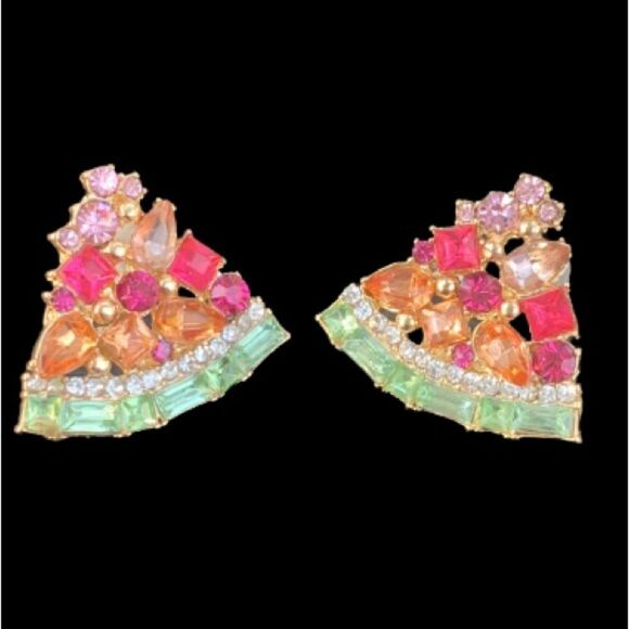 Yummy Watermelon Earrings | Rainbow Rhinestone Fruit Slice Summer Vacation Studs - Picture 1 of 11